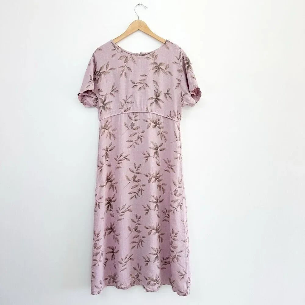 J. Jill Women’s Vintage Lilac Purple Linen Printed Brown Leaves Maxi Shirt Dress